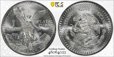1989-Mo Onza Libertad Ag w/o Dot before 999 MS67