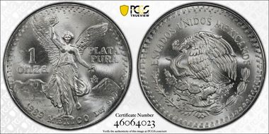1989-Mo Onza Libertad Ag w/o Dot before 999 MS68