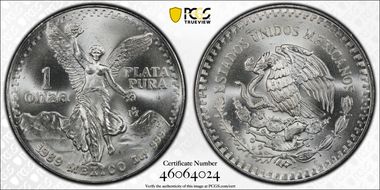 1989-Mo Onza Libertad Ag w/o Dot before 999 MS68