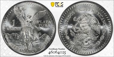 1989-Mo Onza Libertad Ag w/o Dot before 999 MS67