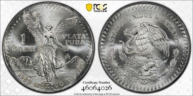 1989-Mo Onza Libertad Ag w/o Dot before 999 MS67