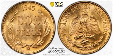 1945-Mo 2 Peso KM-461  Au MS66