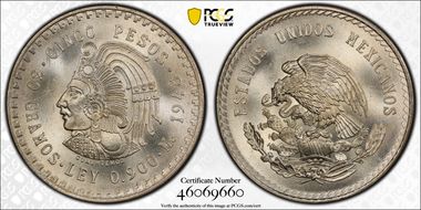 1948-Mo 5 Peso Cuauhtemoc KM-465  Ag MS67