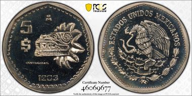 1983-Mo 5 Peso Quetzalcoatl PR65CAM