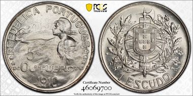 1910 Escudo Birth of Republic KM-560 Ag MS63