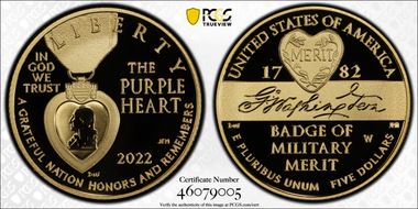 2022-W $5 National Purple Heart Hall of Honor First Strike PR70DCAM