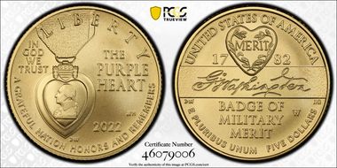 2022-W $5 National Purple Heart Hall of Honor First Strike MS70