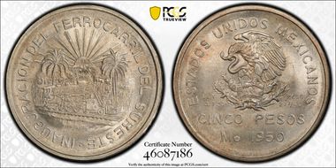 1950-Mo 5 Peso Southeastern Railroad KM-466  Ag MS65