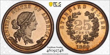 1869 25C J-727 PR67CAM