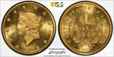 1849 G$1 D-1, Open Wreath, No L MS67+