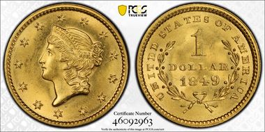 1849 G$1 D-4, Open Wreath, Close Stars MS66