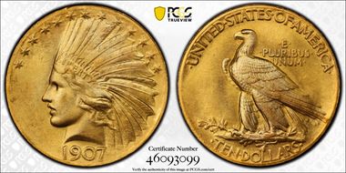 1907 $10 Indian, Wire Rim MS66