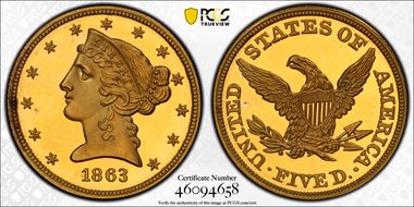 1863 $5 PR65DCAM