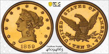 1859 $10 PR65DCAM