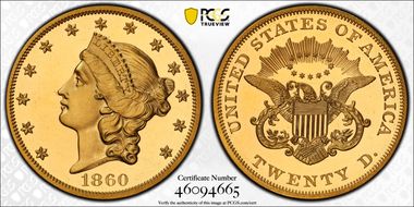 1860 $20 PR65+ CAM