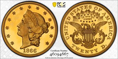 1866 $20 Motto PR64DCAM
