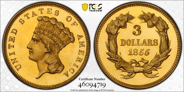 1855 $3 PR65+ DCAM