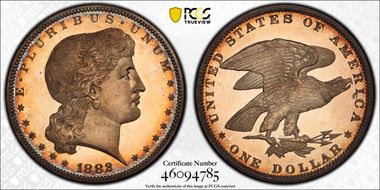 1882 $1 J-1702 Shield Earring PR67+ CAM