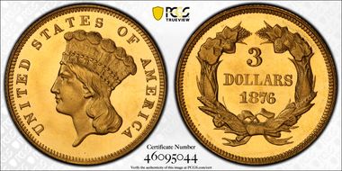 1876 $3 PR65DCAM
