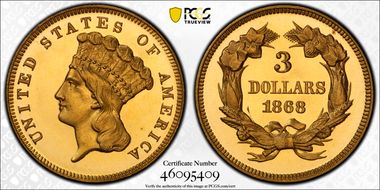 1868 $3 PR65DCAM