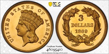 1869 $3 PR65DCAM