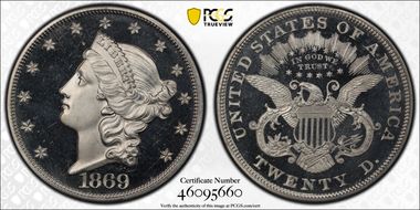 1869 $20 J-785 PR67DCAM