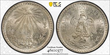 1924-M Peso KM-455 Ag MS64