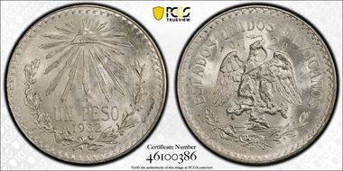 1932-M Peso KM-455  Ag Open 9 MS65