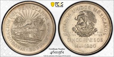 1950-Mo 5 Peso Southeastern Railroad KM-466  Ag MS63