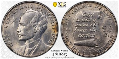1953 50C Jose Marti KM-28  Ag MS62