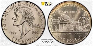 1993-P $1 Jefferson MS69