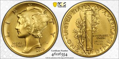 2016-W 10C 100th Anniversary Gold SP70