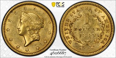 1849 G$1 Closed Wreath AU58