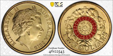 2015 $2 Lest We Forget Colorized Poppy Counterstamp MS66