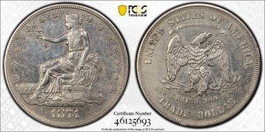 1874-S T$1 Chopmarked N1