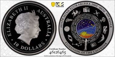 2001 $10 Calendar 10oz Ag Colorized PR69DCAM