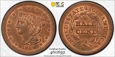 1854 1/2C MS64BN
