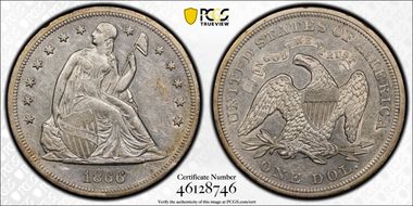 1866 $1 Motto AU50