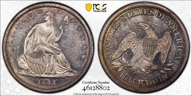 1842 50C Small Date, Rev of 1842 AU58