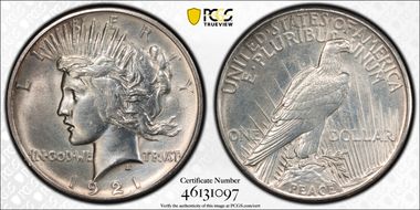 1921 $1 High Relief, Peace N1