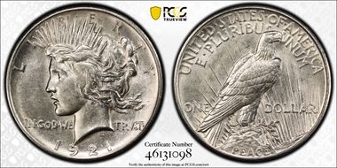 1921 $1 High Relief, Peace N1