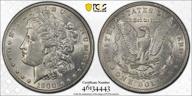 1900-O $1 VAM 29A, Die Break AU58