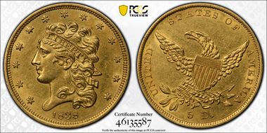 1838 $5 AU55