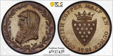 1791 Tk 1/2D DH-2 Cornwall, County  Bronzed PR64