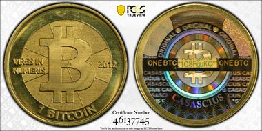 2012 1 BTC Casascius Bitcoin, Brass MS66