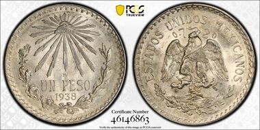 1938-M Peso KM-455  Ag MS65