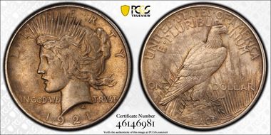 1921 $1 High Relief, Peace AU55