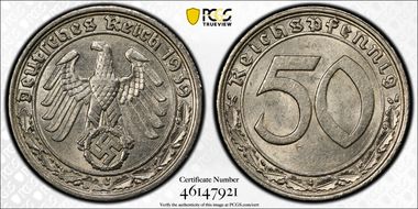 1939-J 50 Pfg J-365 Nickel AU58