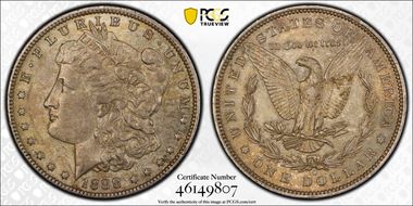 1888-O $1 VAM 4, Hot Lips AU55