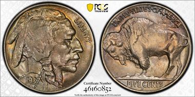 1937-D 5C 3 Legs AU58